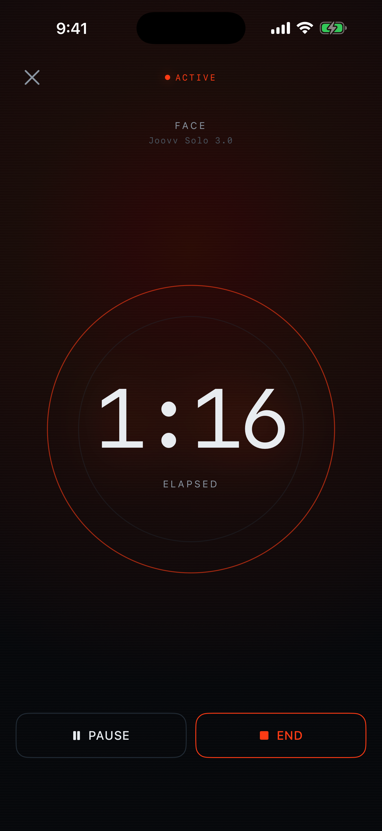 Radia session timer running at zero minutes fifty-eight seconds on the Face body area, with the Joovv Solo 3.0 device line and a glowing infrared breathing ring around the elapsed time