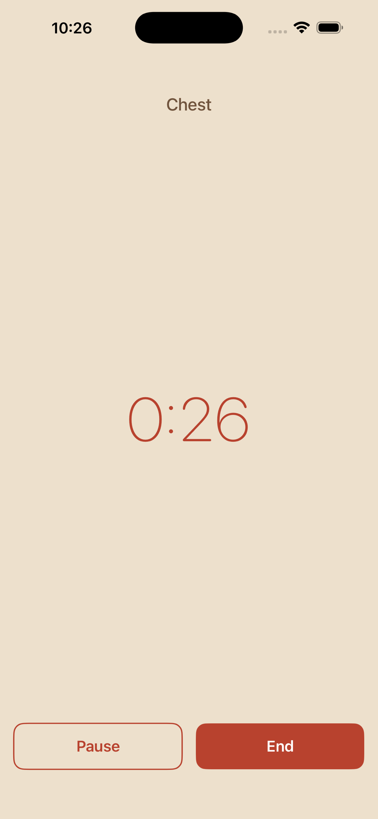 Session timer running at zero minutes twenty-six seconds on the Chest body area with Pause and End buttons