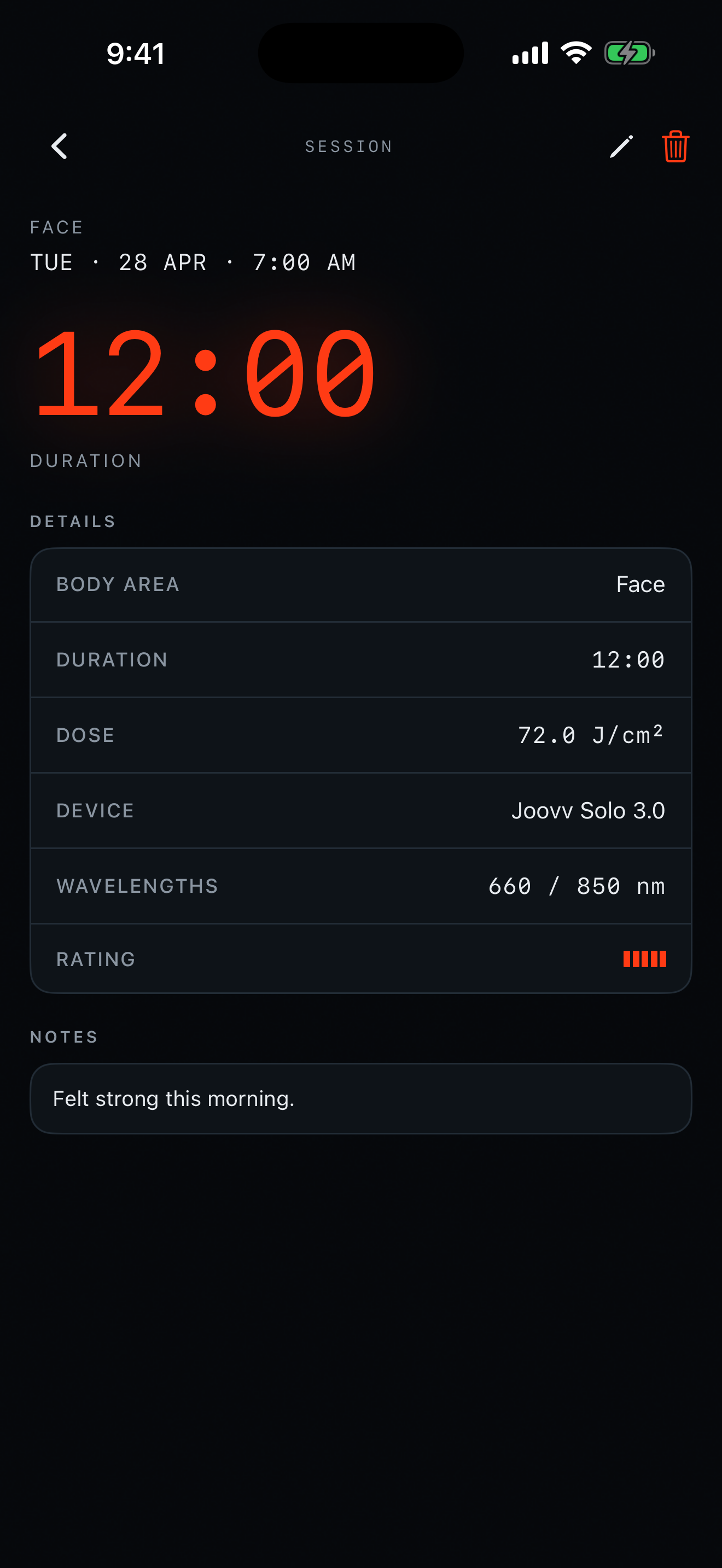Radia session detail view showing a 12:00 duration in infrared monospace, with details rows for body area, duration, dose 72.0 J/cm², device Joovv Solo 3.0, wavelengths 660 / 850 nm, a five-segment LED rating, and a notes panel