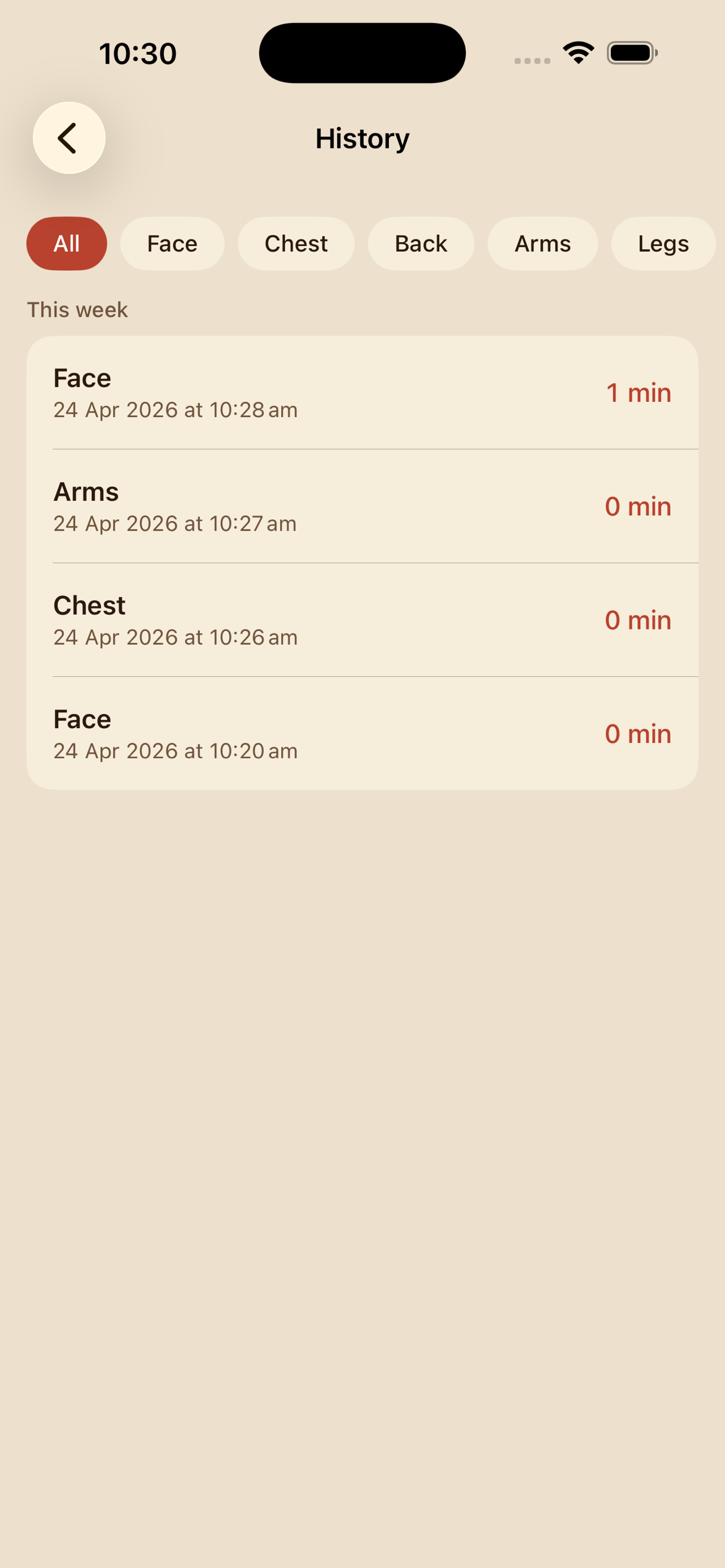 Session history view listing four sessions grouped by week, filter chips across the top for All, Face, Chest, Back, Arms, and Legs