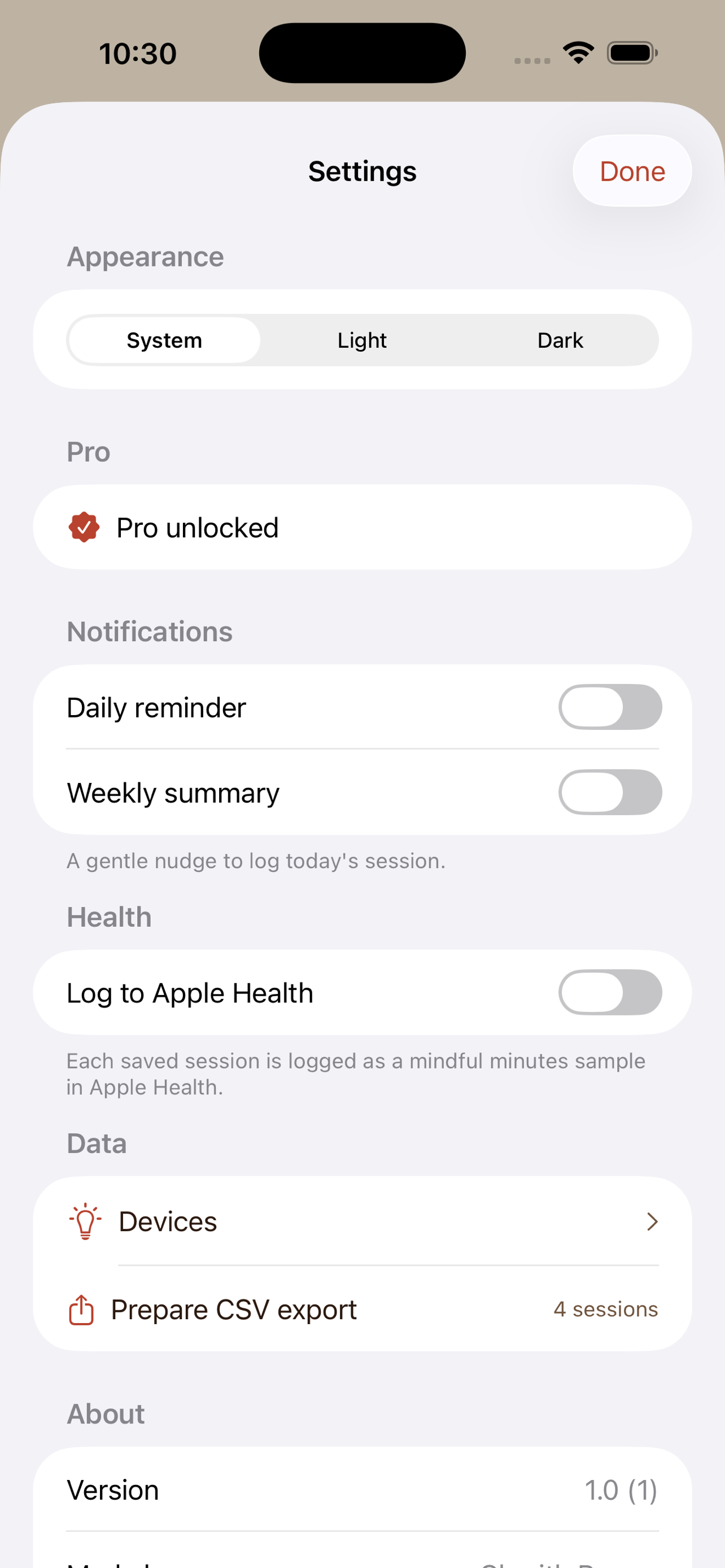 Settings view showing appearance picker, Pro unlocked badge, notification toggles, Apple Health integration, Devices section, and CSV export